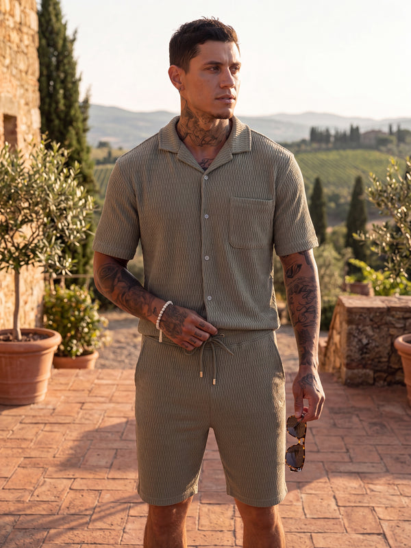Monochromatic Olive Open-Knit Resort Look